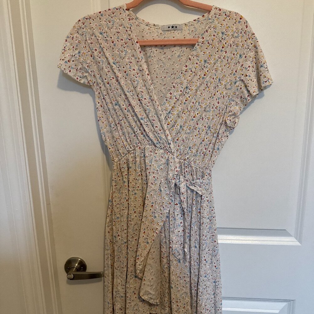 Floral Print Wrap Dress with Tie Waist, Size S